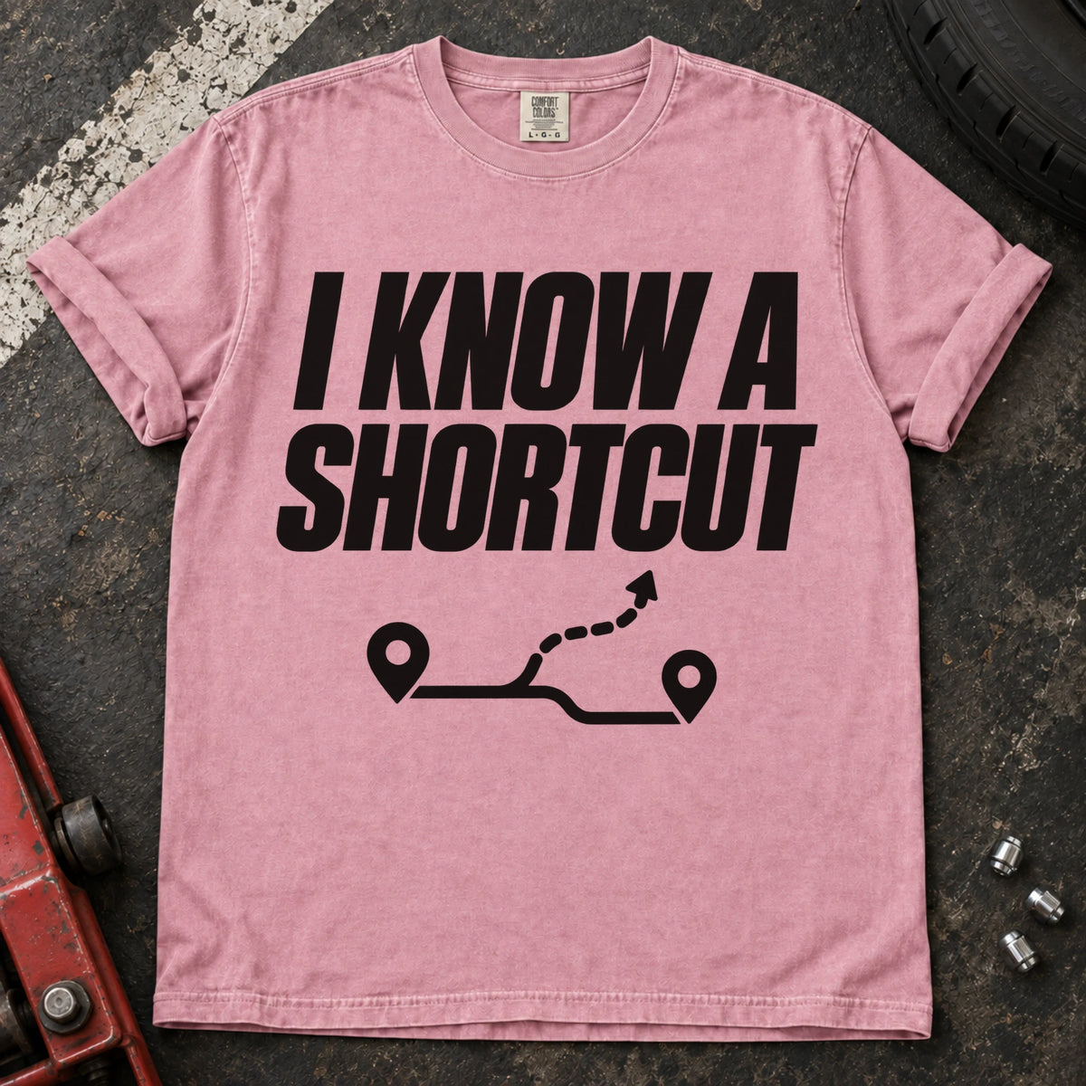 Blossom car enthusiast T-shirt. A branching route follows the confident claim, I know a shortcut.