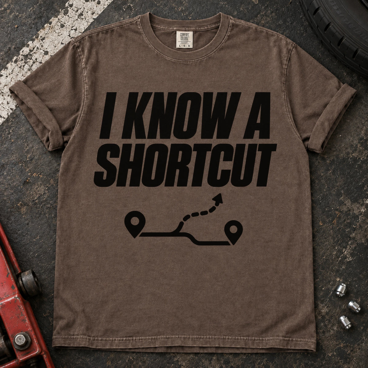 Espresso car enthusiast T-shirt. A branching route follows the confident claim, I know a shortcut.