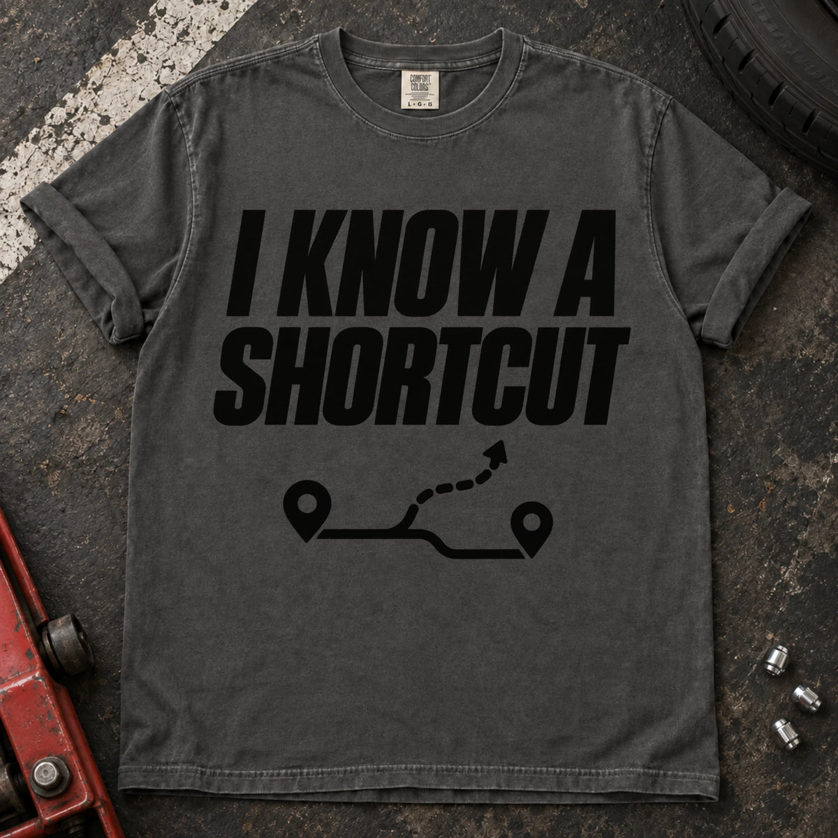 Pepper car enthusiast T-shirt. A branching route follows the confident claim, I know a shortcut.