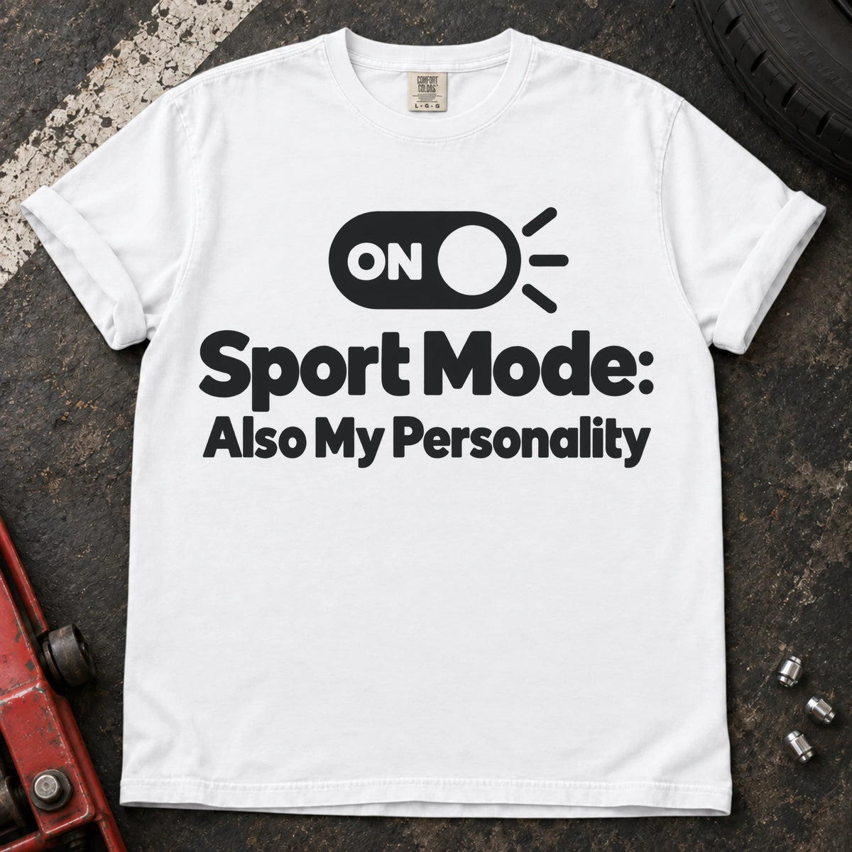 White car enthusiast T-shirt. A switch makes sport mode also my personality.