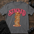 Charcoal gaming T-shirt. A towering pancake stack gives Stacked a sweet gamer slang twist.