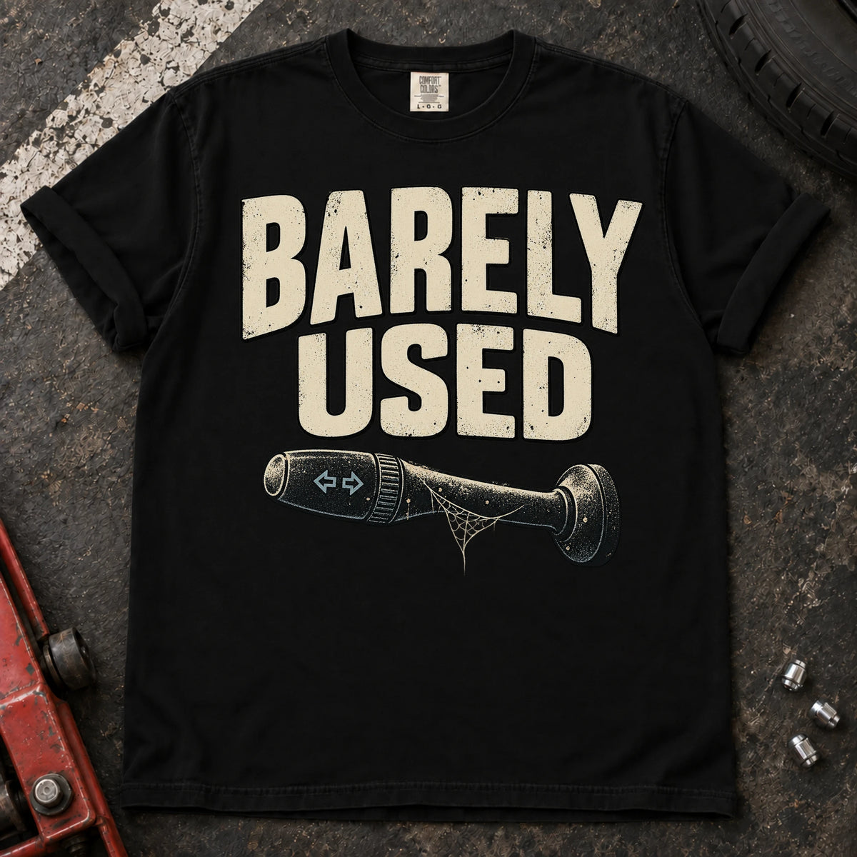 Black car enthusiast T-shirt. A cobweb-covered indicator stalk admits barely used.