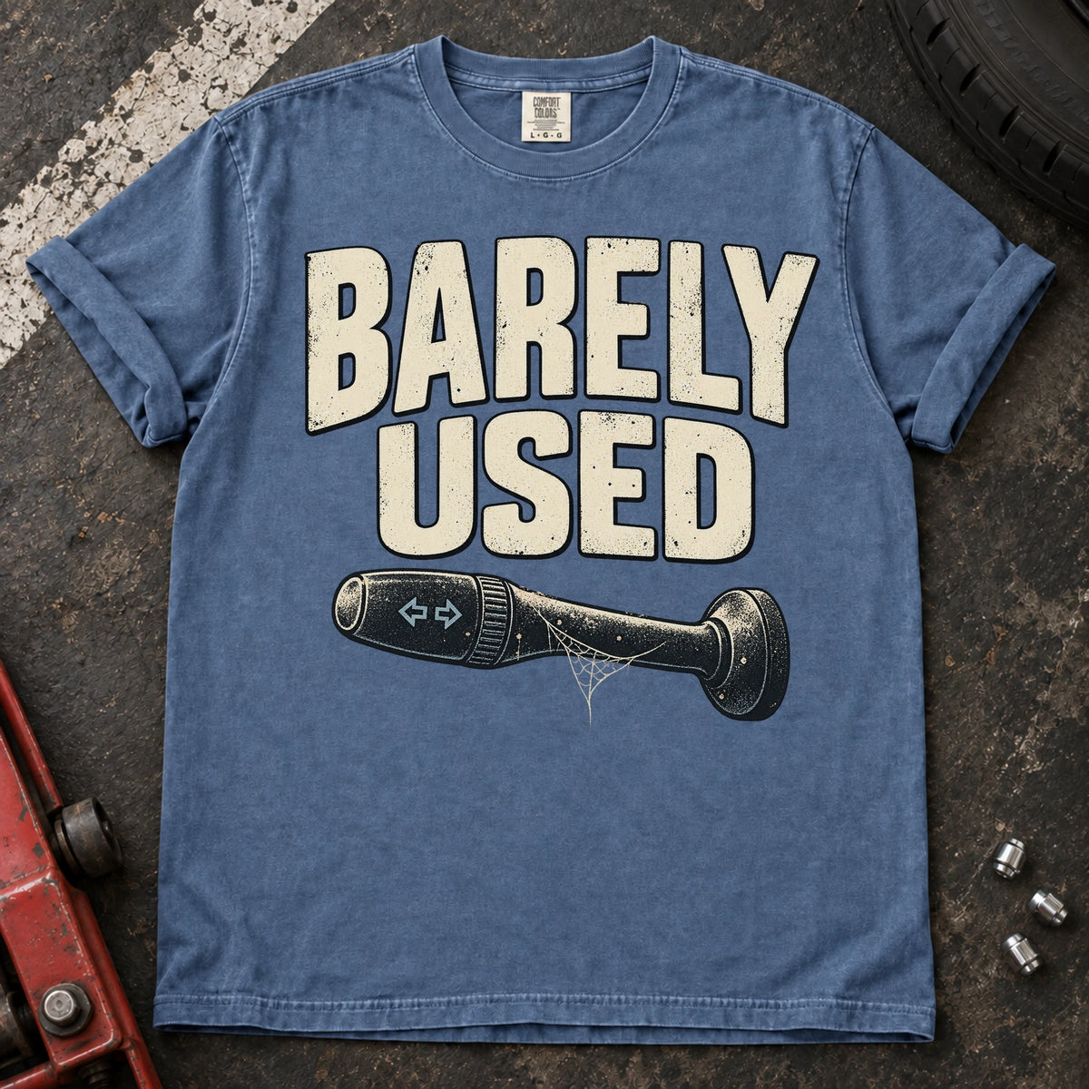 Blue Jean car enthusiast T-shirt. A cobweb-covered indicator stalk admits barely used.