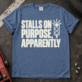 Blue Jean car enthusiast T-shirt. A traffic light accompanies stalls on purpose, apparently.
