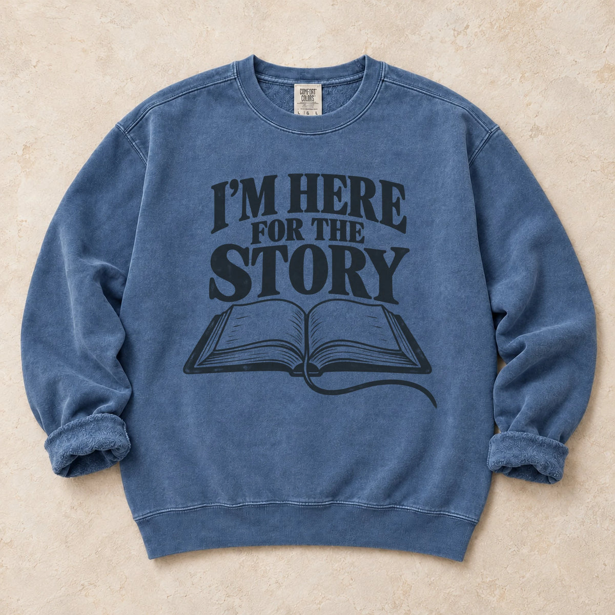 Blue Jean gaming sweatshirt. An open book declares I'm here for the story.