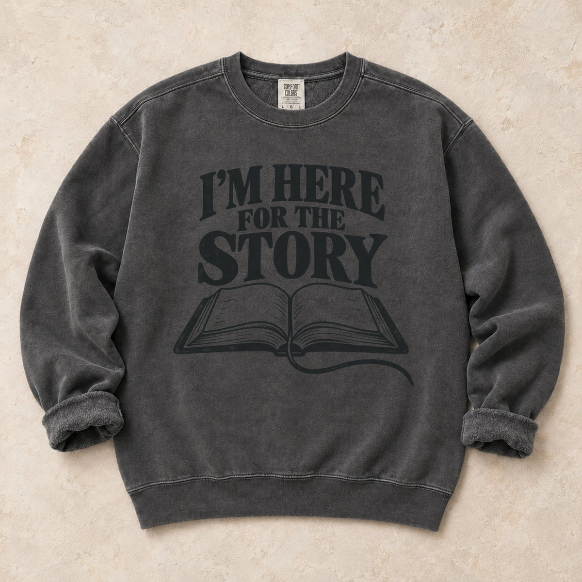 Pepper gaming sweatshirt. An open book declares I'm here for the story.