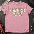 Blossom car enthusiast T-shirt. Six small cylinder symbols accompany Straight Six Enjoyer lettering.
