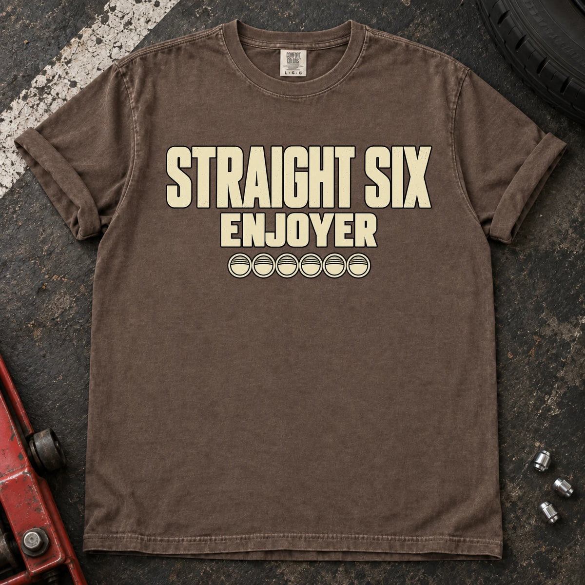 Espresso car enthusiast T-shirt. Six small cylinder symbols accompany Straight Six Enjoyer lettering.
