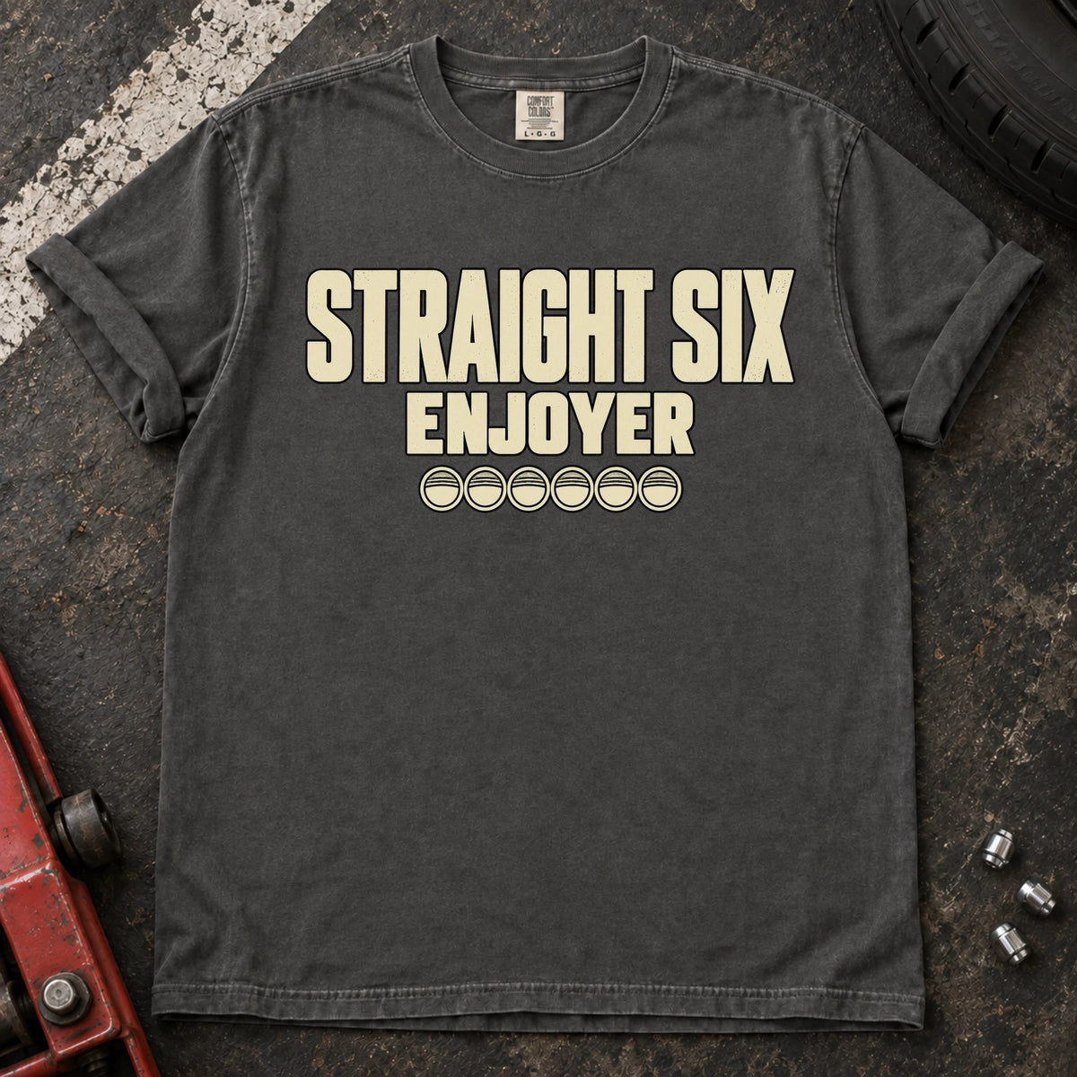 Pepper car enthusiast T-shirt. Six small cylinder symbols accompany Straight Six Enjoyer lettering.