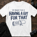 White gaming T-shirt. A wizard-contact scroll celebrates having a guy for that.