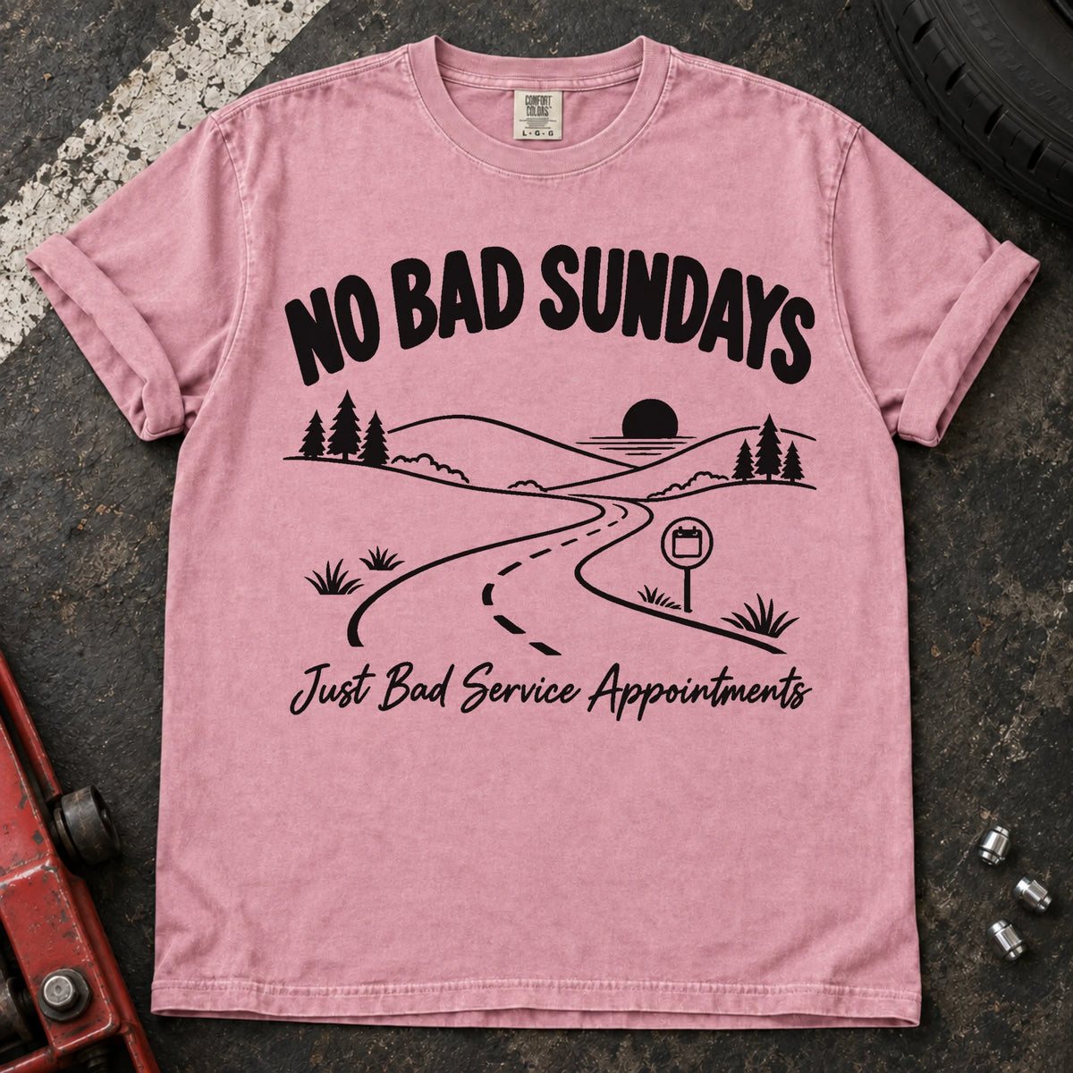 Blossom car enthusiast T-shirt. A scenic road admits no bad Sundays, just bad service appointments.