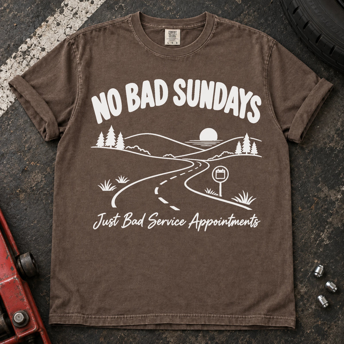 Espresso car enthusiast T-shirt. A scenic road admits no bad Sundays, just bad service appointments.