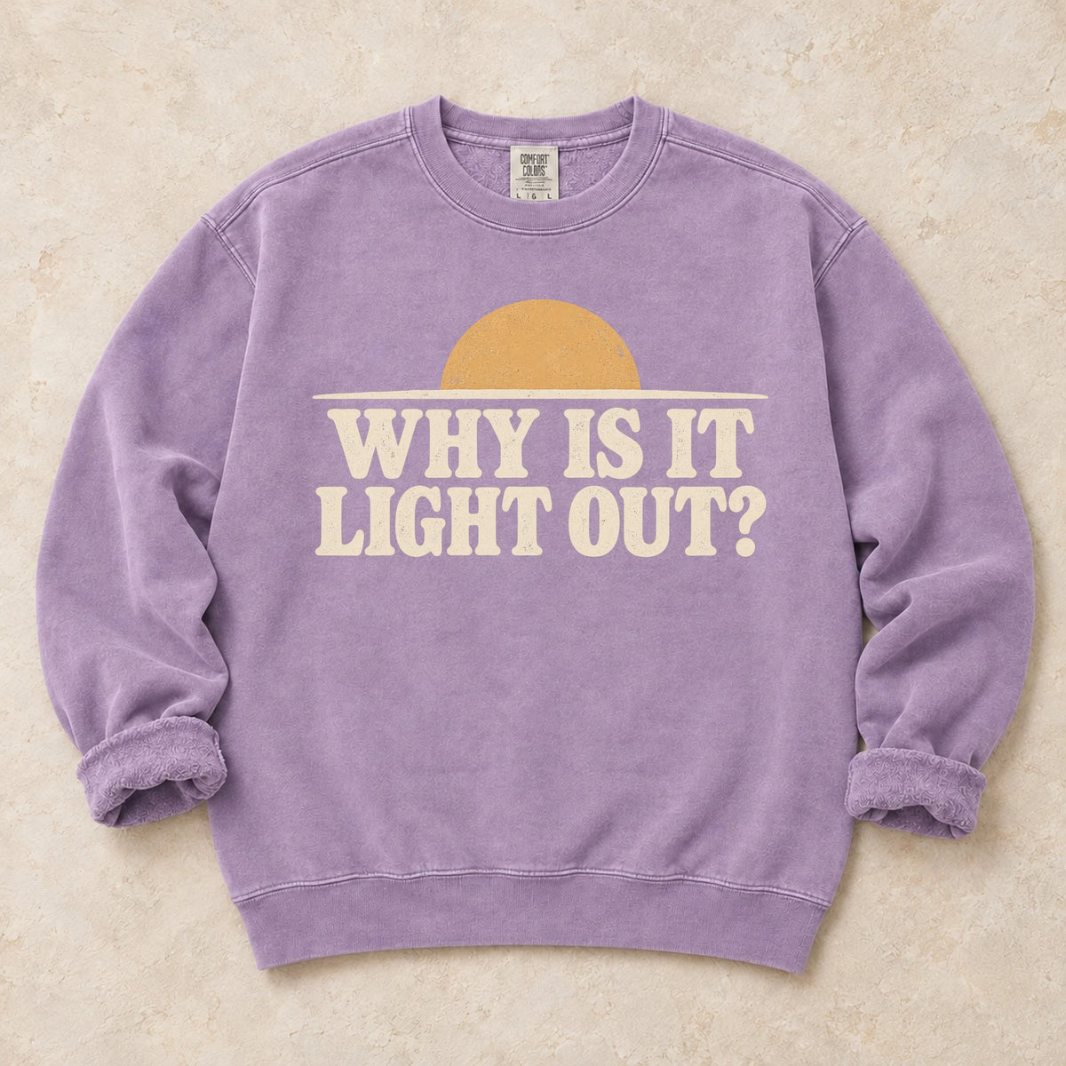 Orchid gaming sweatshirt. A sun above the horizon asks the late-night player, why is it light out?