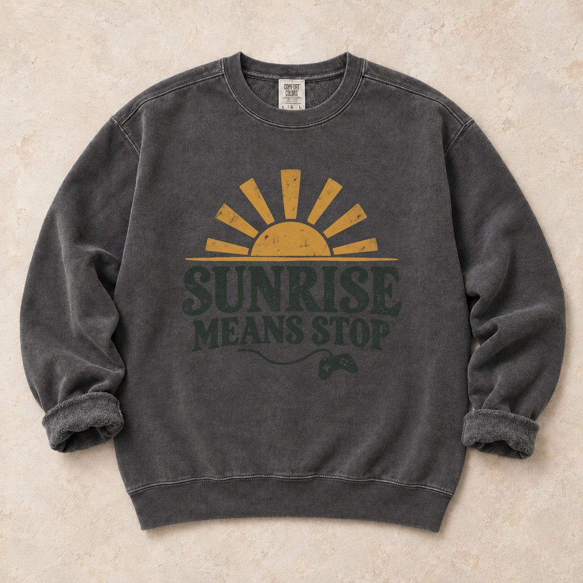 Pepper gaming sweatshirt. A rising sun and controller remind night gamers that sunrise means stop.