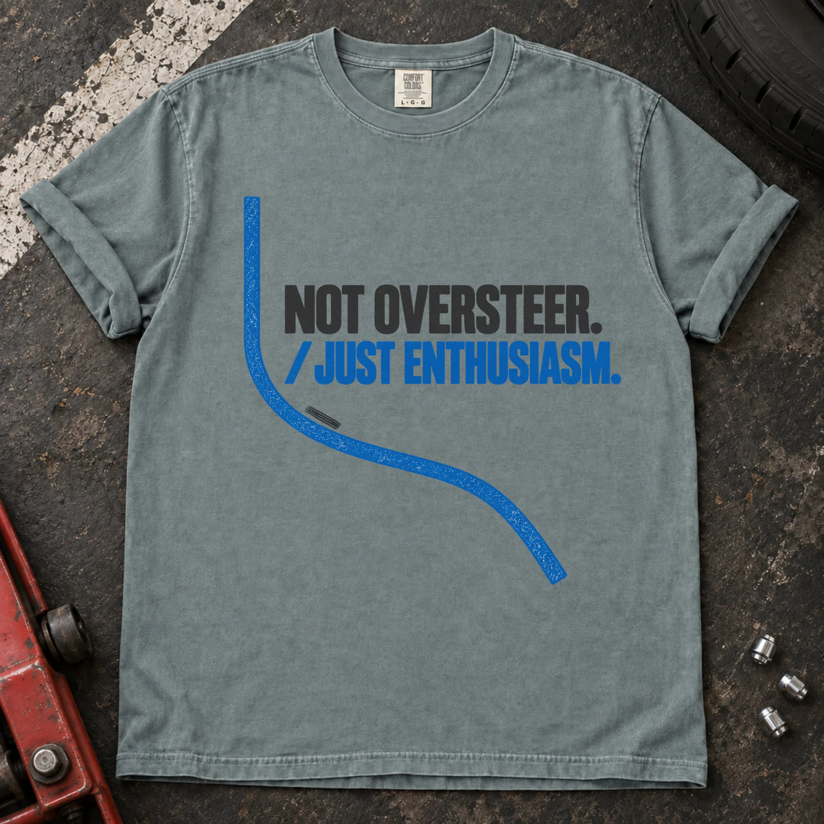 Bay car enthusiast T-shirt. A sweeping line excuses not oversteer, just enthusiasm.