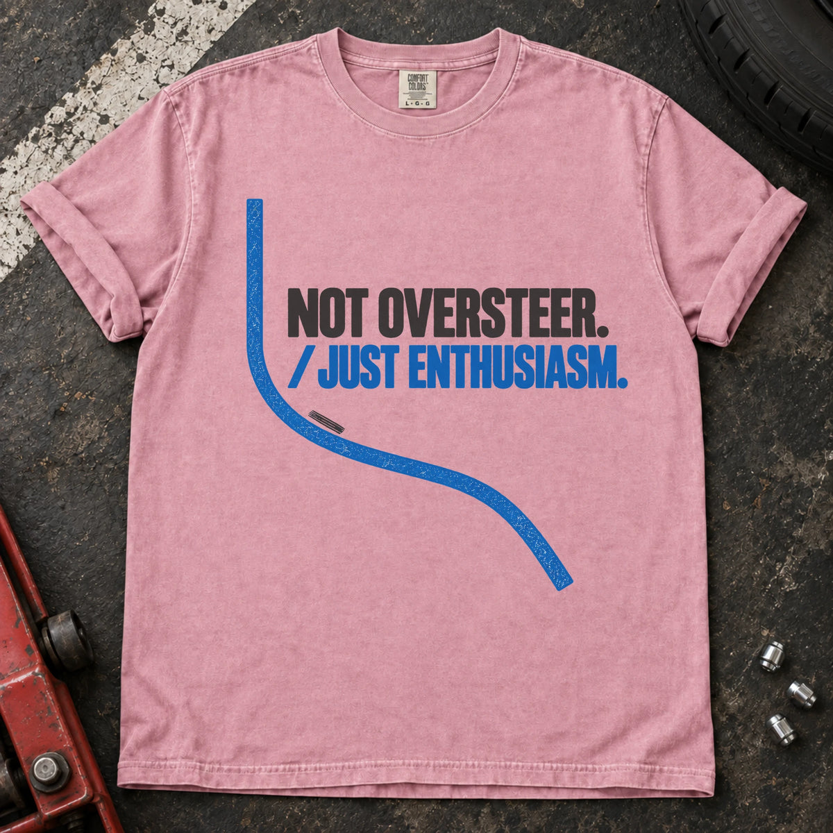Blossom car enthusiast T-shirt. A sweeping line excuses not oversteer, just enthusiasm.