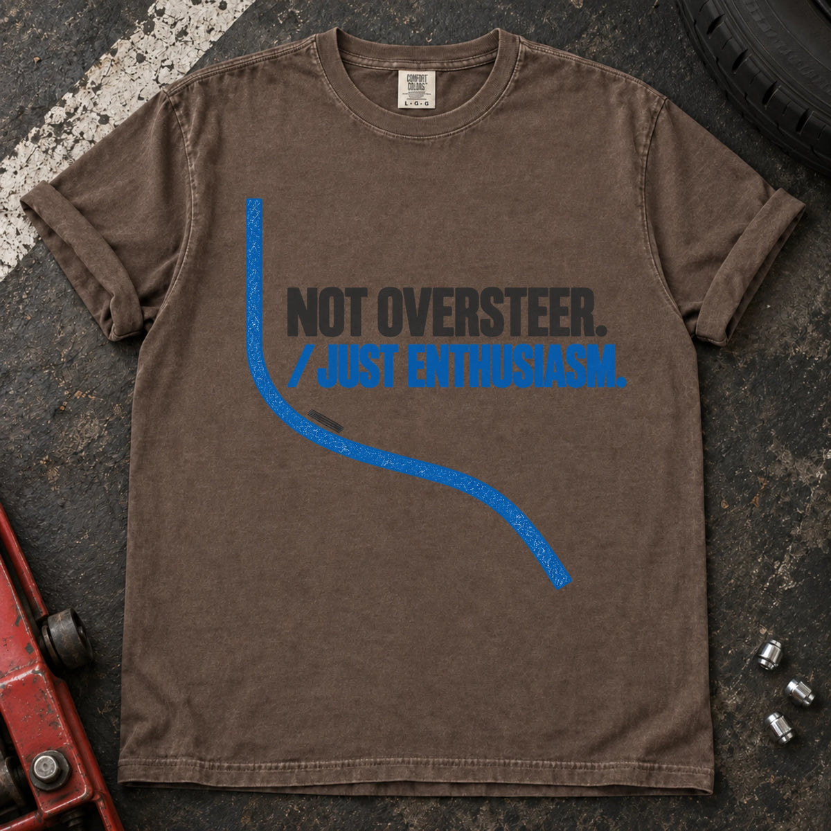 Espresso car enthusiast T-shirt. A sweeping line excuses not oversteer, just enthusiasm.