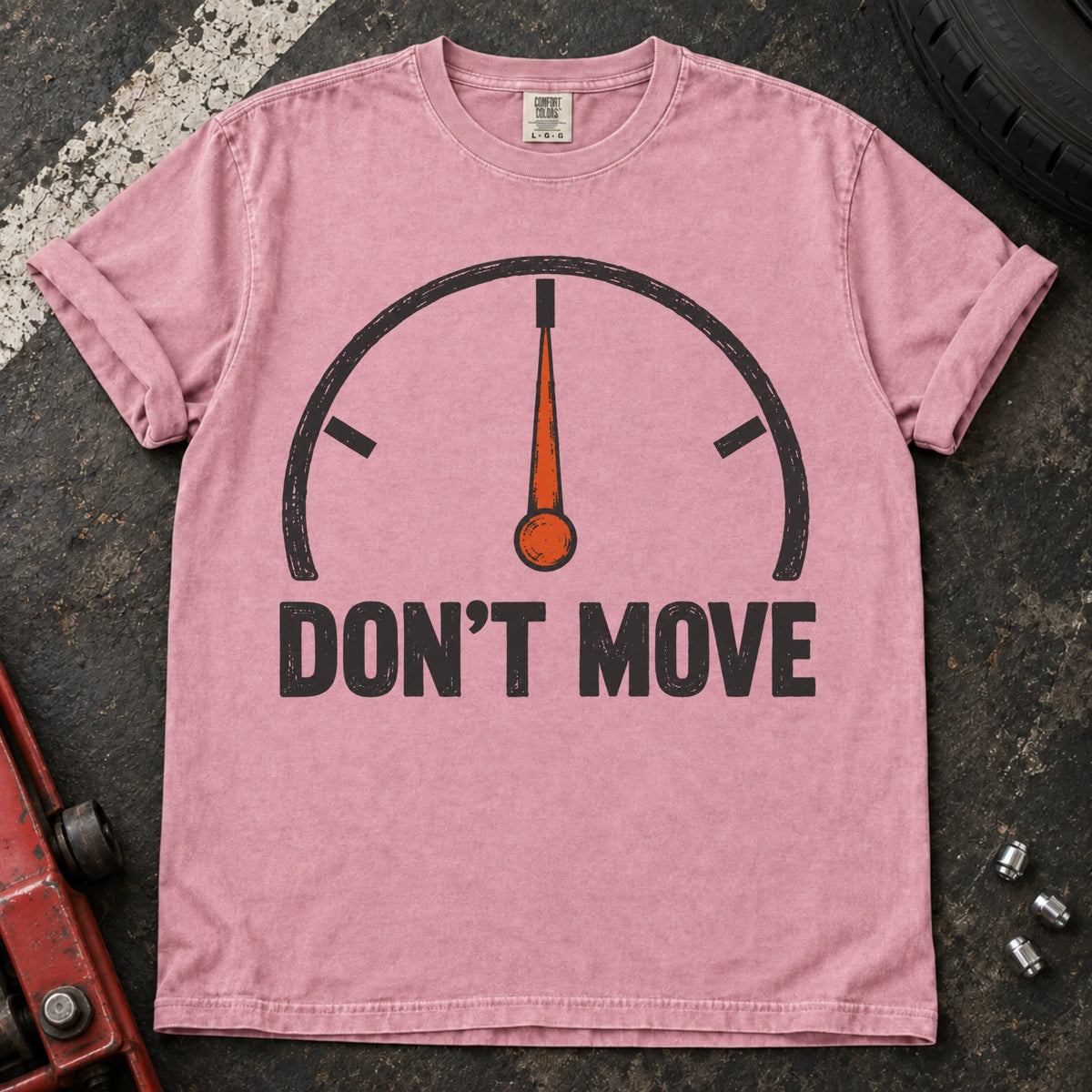 Blossom car enthusiast T-shirt. A temperature gauge stays centered under the hopeful instruction, don't move.