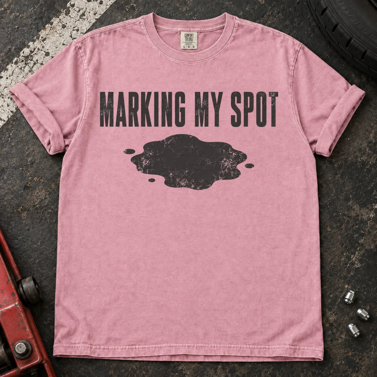 Blossom car enthusiast T-shirt. An oil puddle gives marking my spot a car-owner twist.