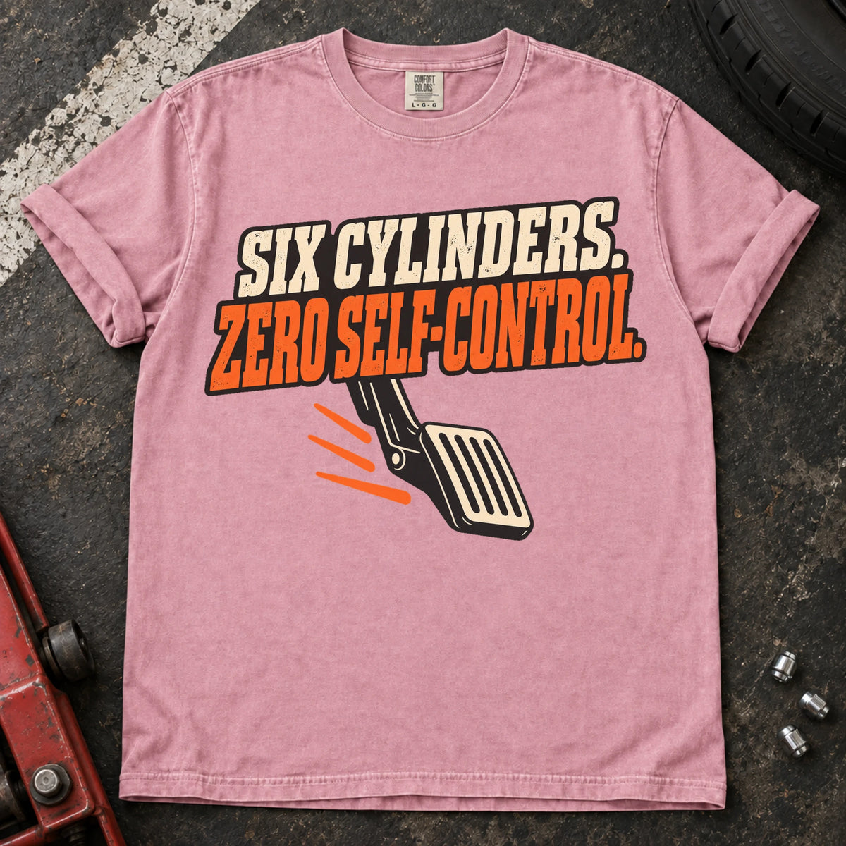 Blossom car enthusiast T-shirt. A pedal illustrates six cylinders and zero self-control.