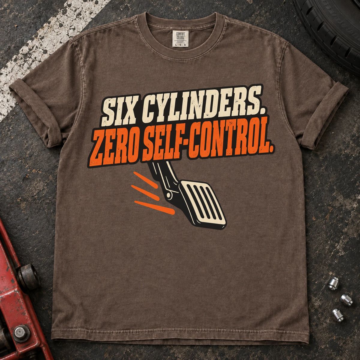 Espresso car enthusiast T-shirt. A pedal illustrates six cylinders and zero self-control.