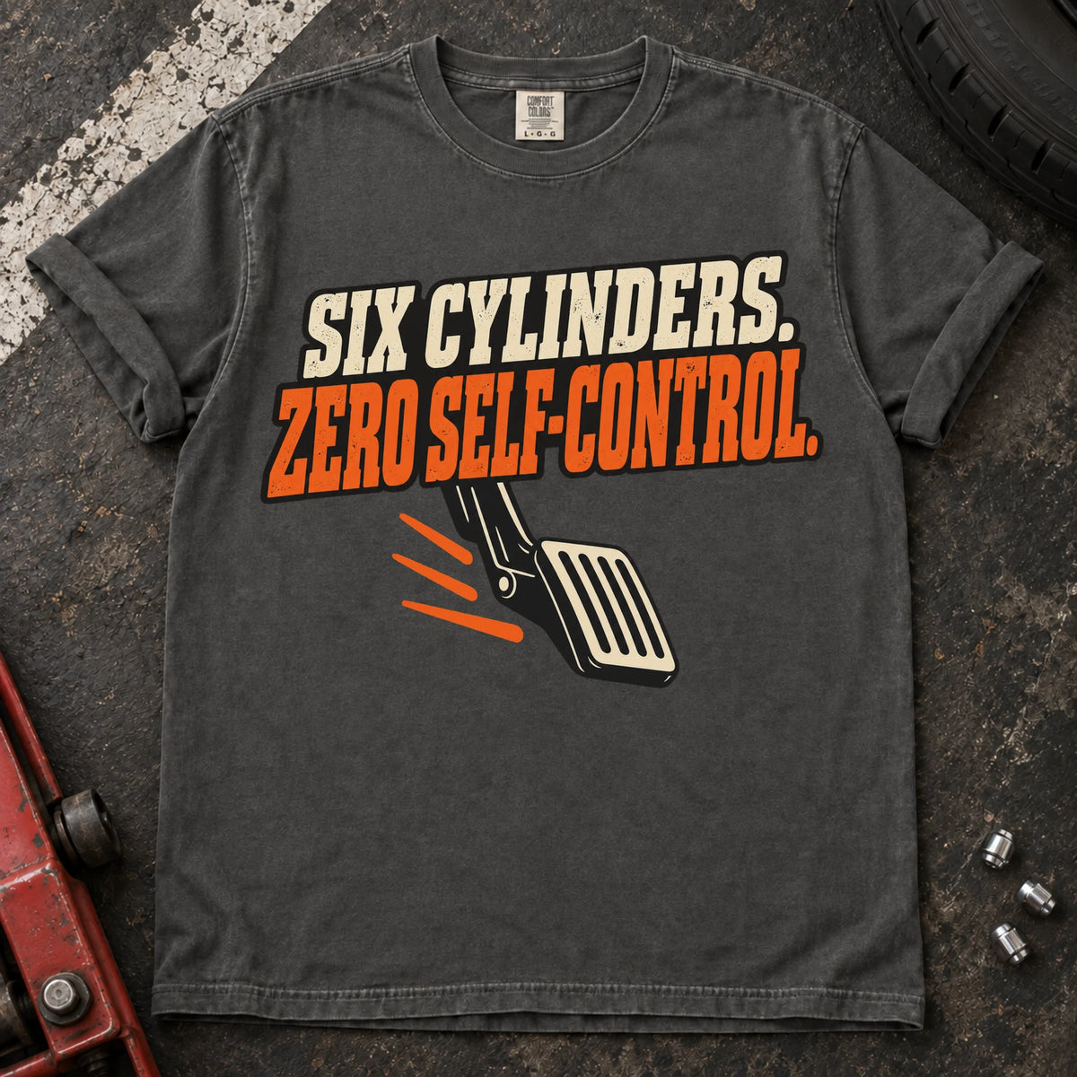 Pepper car enthusiast T-shirt. A pedal illustrates six cylinders and zero self-control.