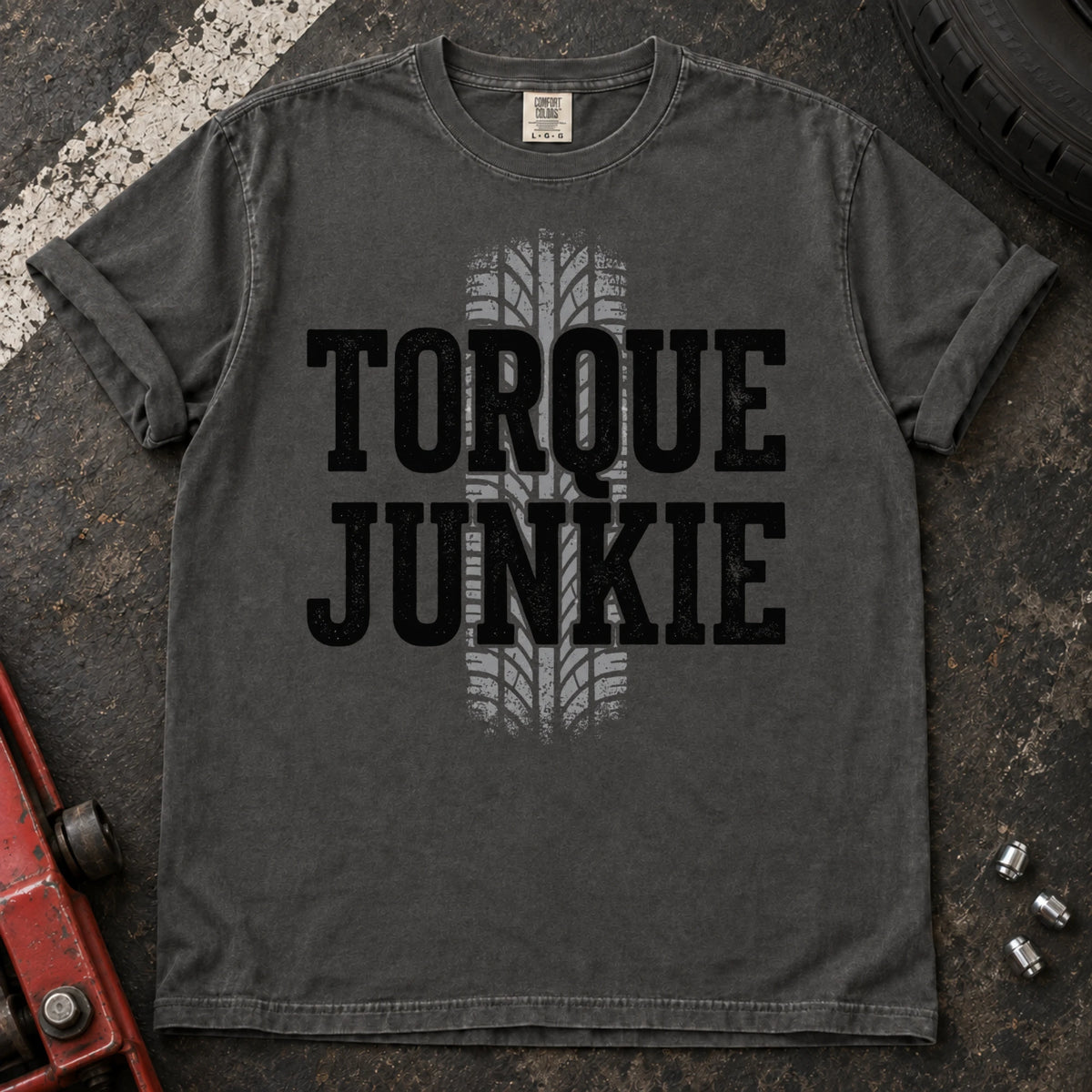 Pepper car enthusiast T-shirt. A tire-tread stripe backs bold Torque Junkie lettering.