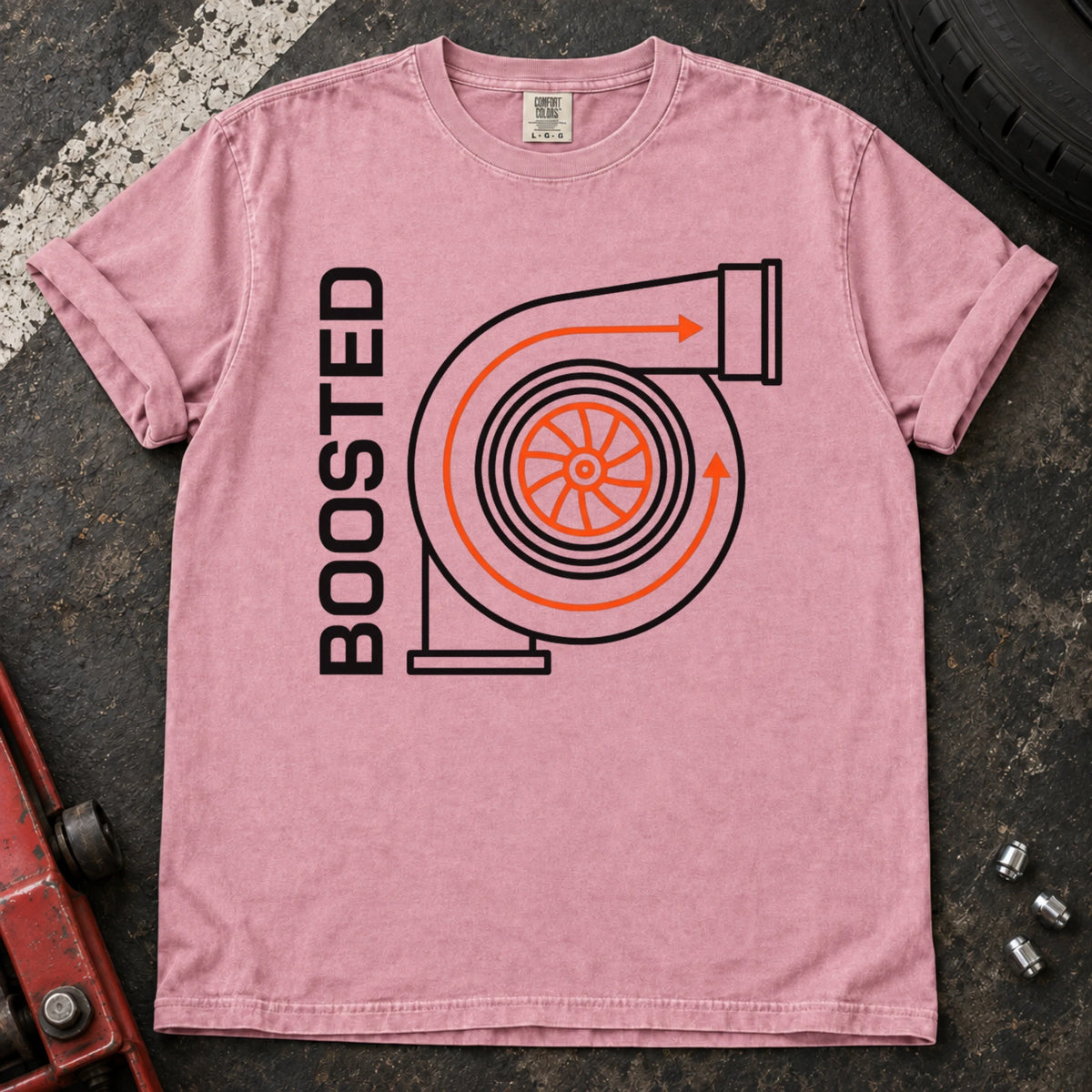 Blossom car enthusiast T-shirt. A simplified turbo diagram gives Boosted an engine-enthusiast identity.