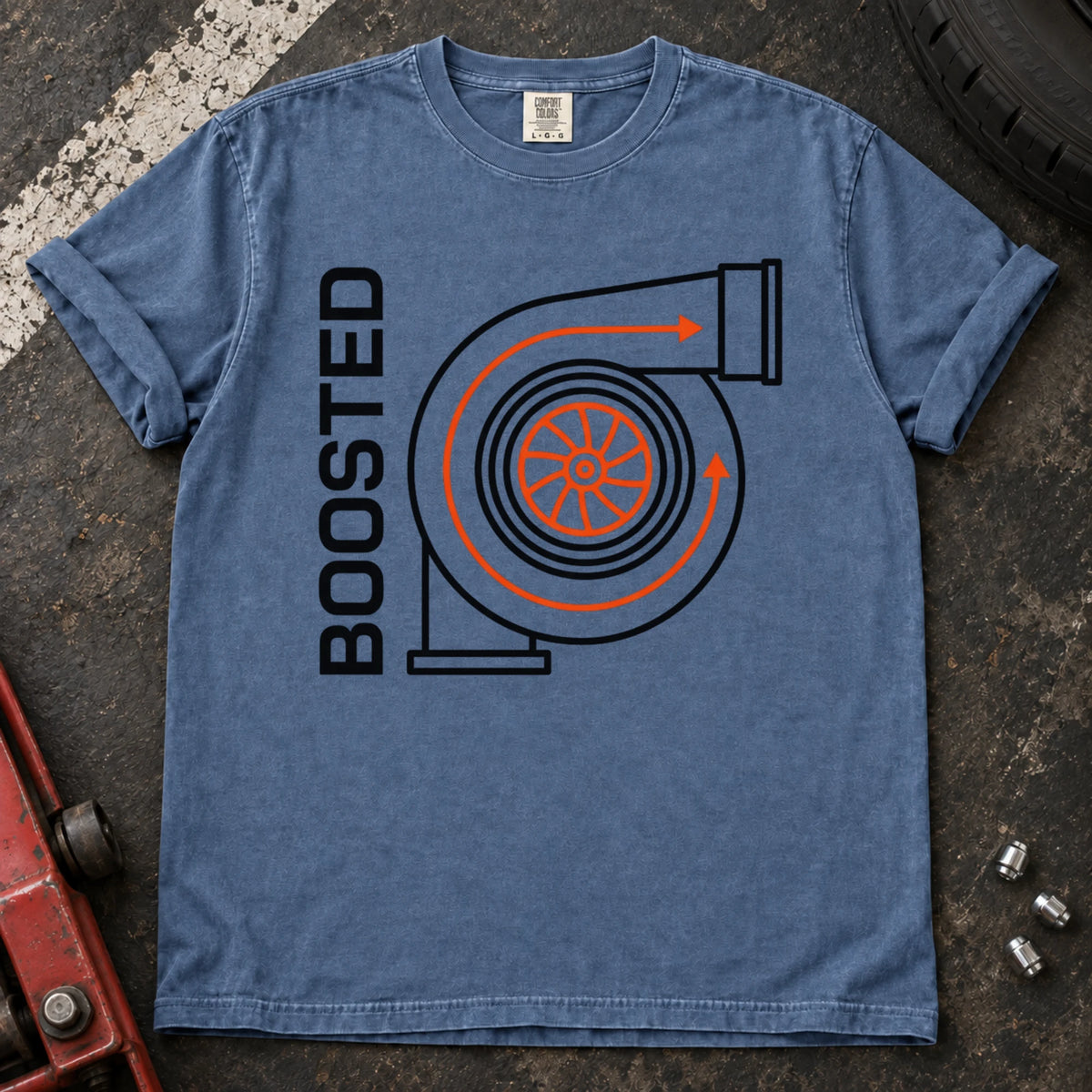 Blue Jean car enthusiast T-shirt. A simplified turbo diagram gives Boosted an engine-enthusiast identity.