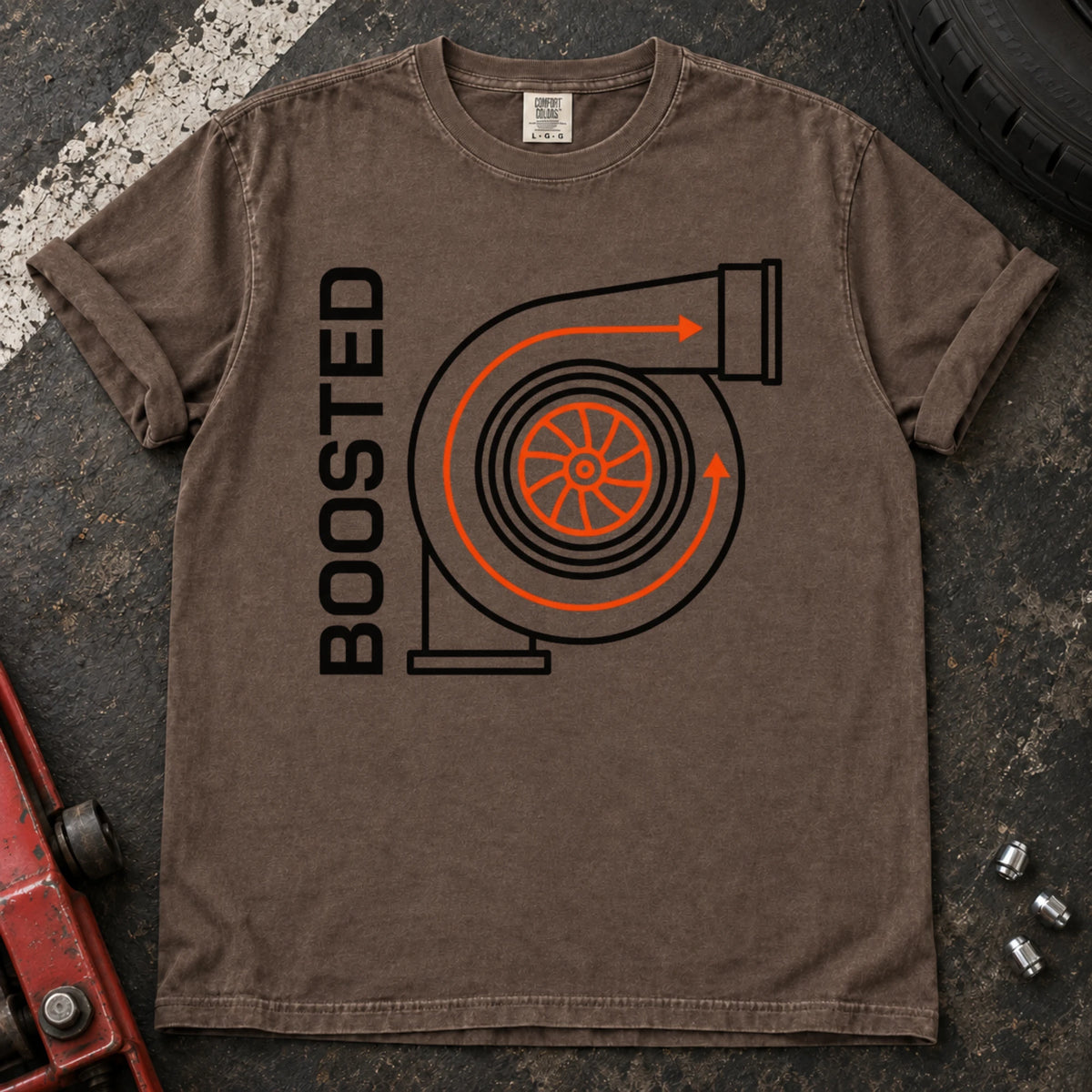 Espresso car enthusiast T-shirt. A simplified turbo diagram gives Boosted an engine-enthusiast identity.