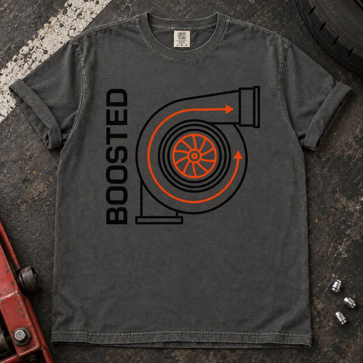 Pepper car enthusiast T-shirt. A simplified turbo diagram gives Boosted an engine-enthusiast identity.
