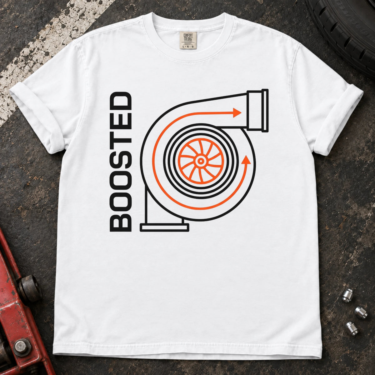 White car enthusiast T-shirt. A simplified turbo diagram gives Boosted an engine-enthusiast identity.