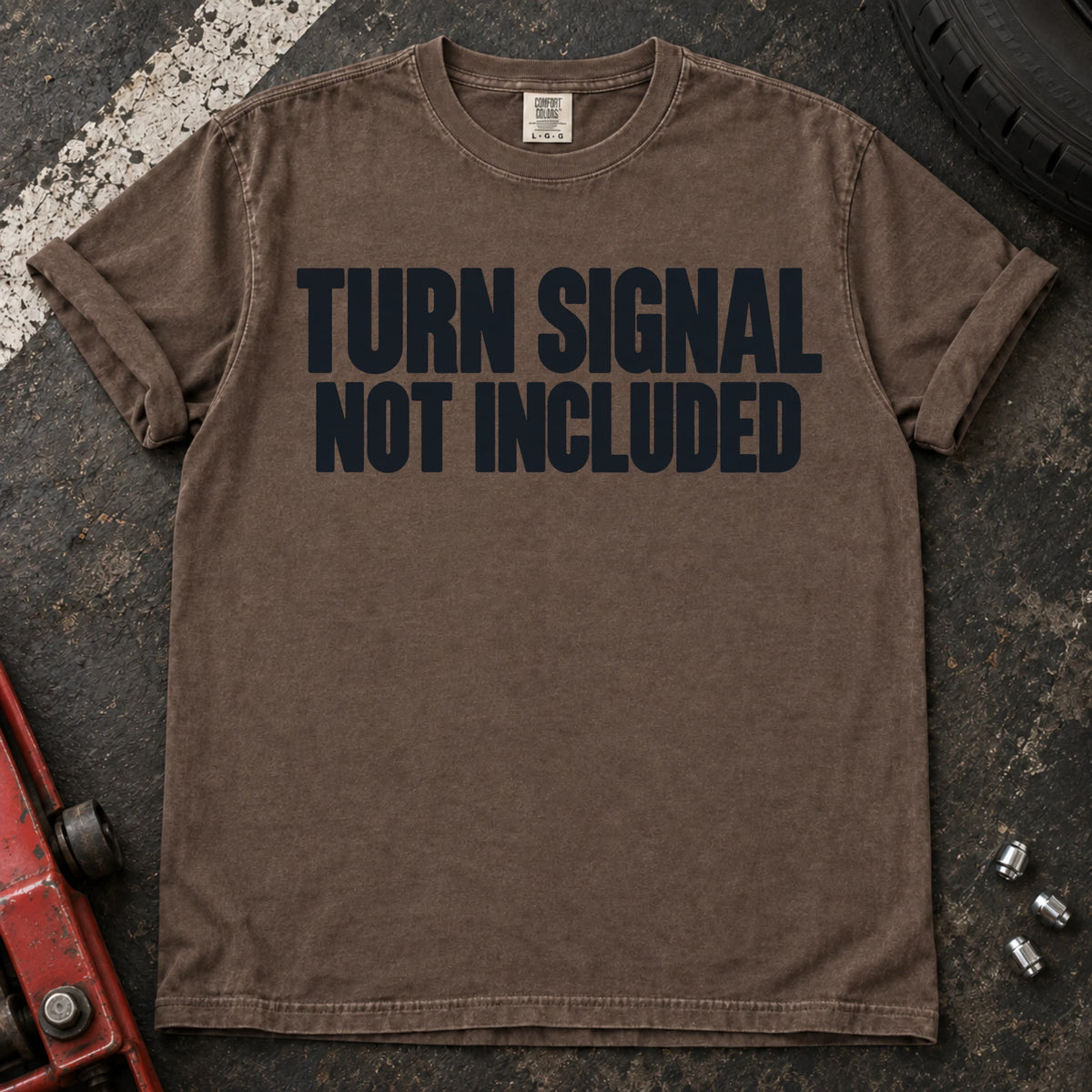 Espresso car enthusiast T-shirt. Turn signal not included: a deadpan automotive typography joke.