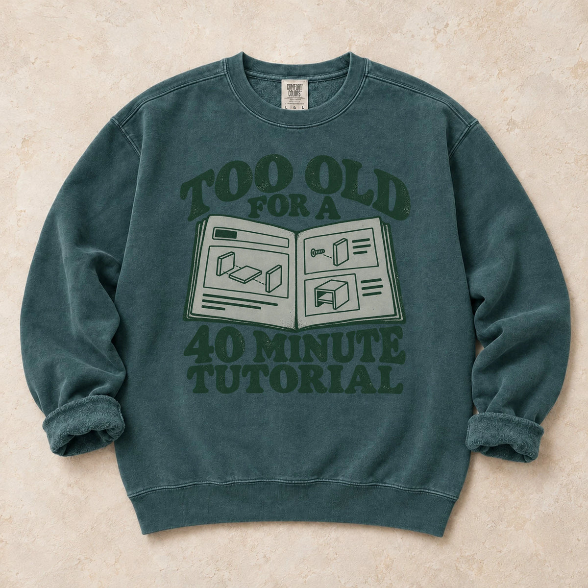 Blue Spruce gaming sweatshirt. An instruction booklet accompanies being too old for a 40-minute tutorial.
