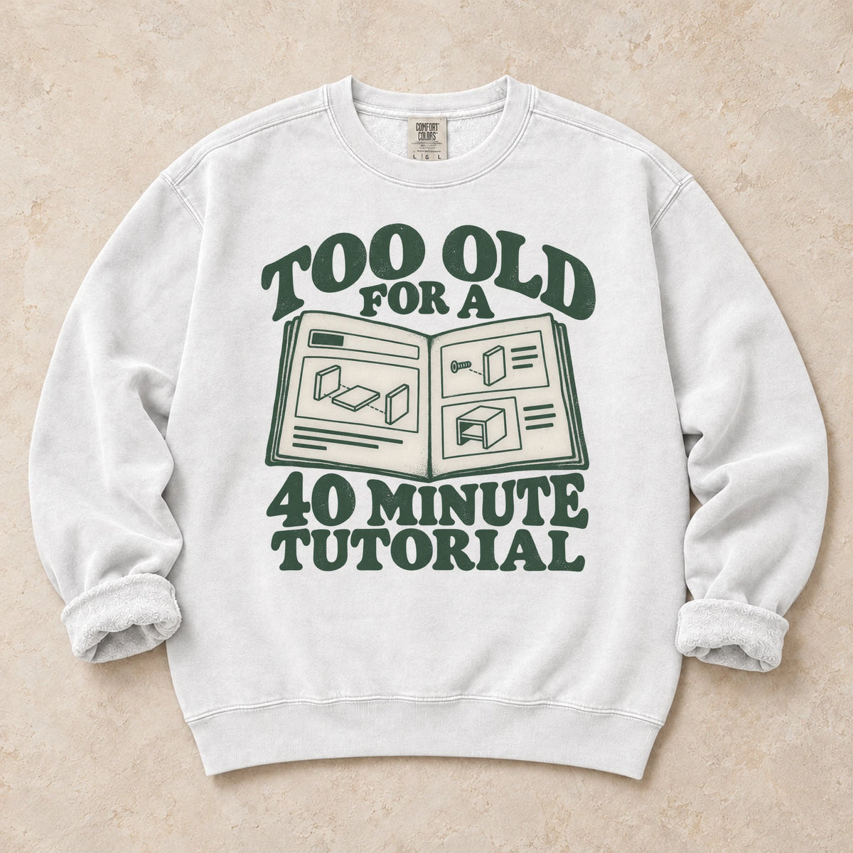 White gaming sweatshirt. An instruction booklet accompanies being too old for a 40-minute tutorial.