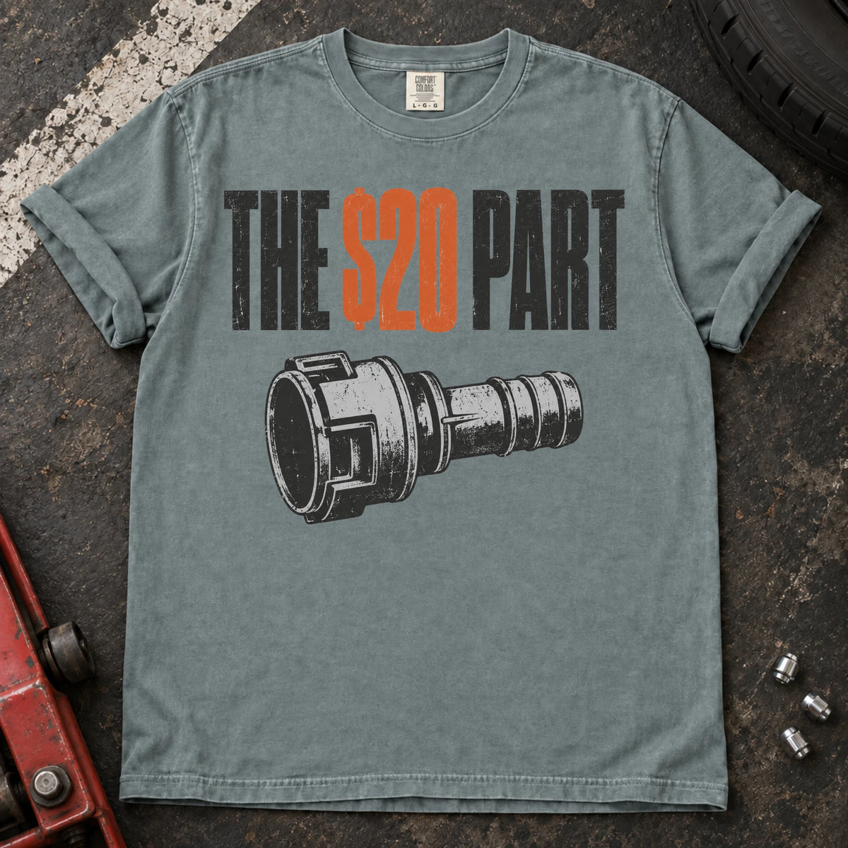 Bay car enthusiast T-shirt. A small mechanical connector symbolizes the hoped-for twenty-dollar part.