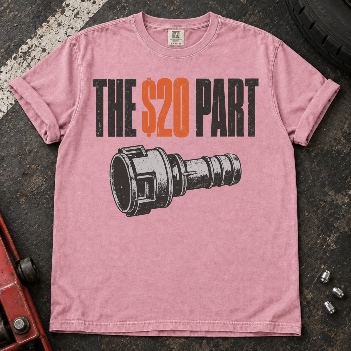 Blossom car enthusiast T-shirt. A small mechanical connector symbolizes the hoped-for twenty-dollar part.