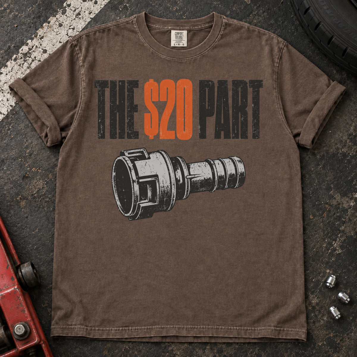 Espresso car enthusiast T-shirt. A small mechanical connector symbolizes the hoped-for twenty-dollar part.