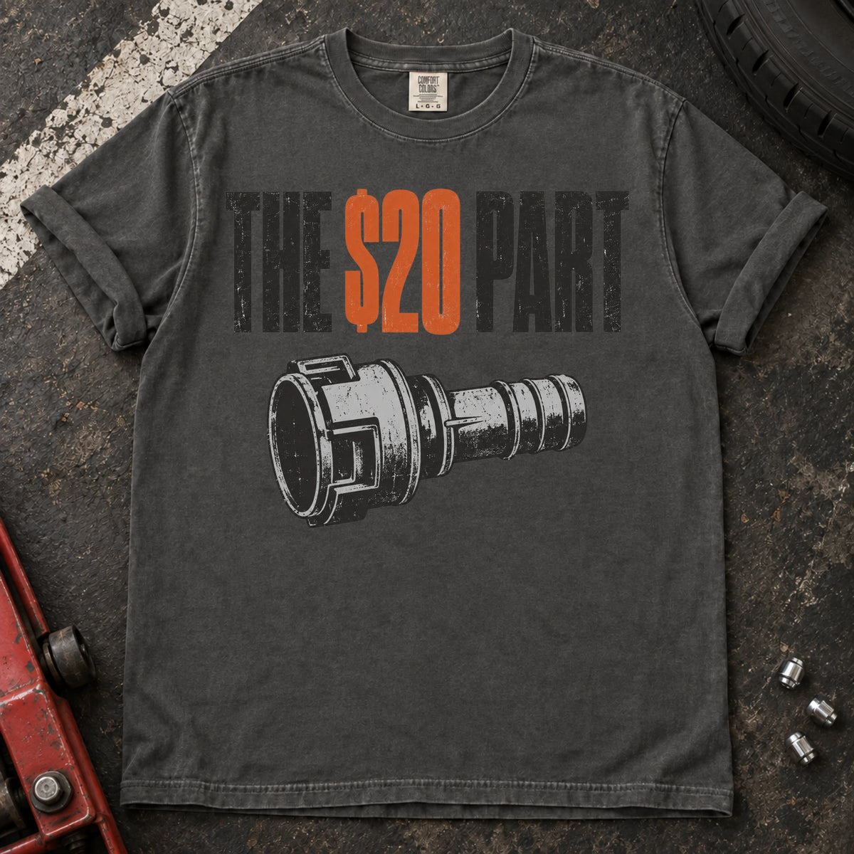 Pepper car enthusiast T-shirt. A small mechanical connector symbolizes the hoped-for twenty-dollar part.