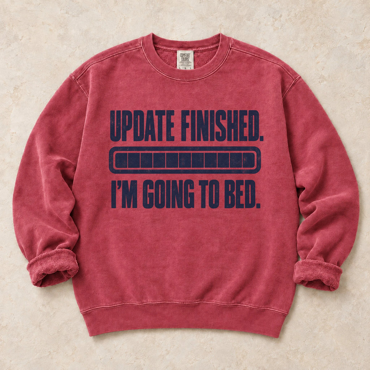 Crimson gaming sweatshirt. A completed loading bar signals update finished, I'm going to bed.