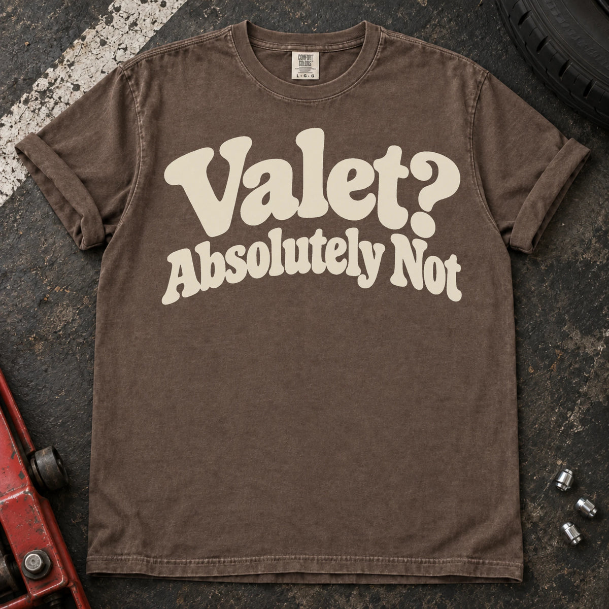 Espresso car enthusiast T-shirt. Valet? Absolutely not. Playful typography for protective car enthusiasts.