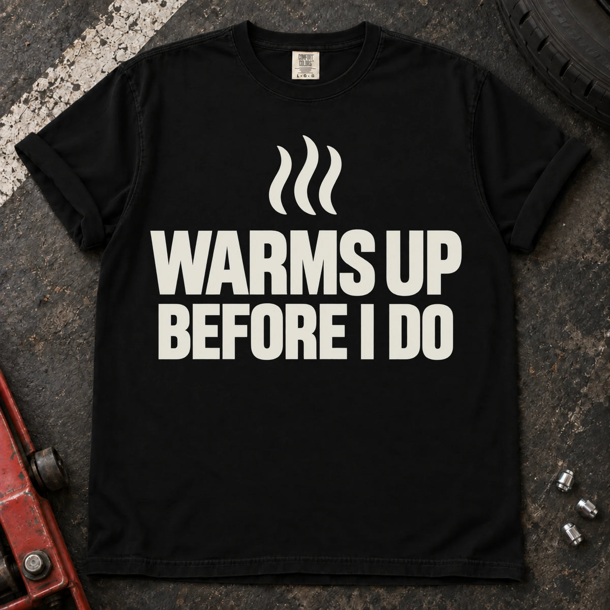 Black car enthusiast T-shirt. Heat lines admit the car warms up before its driver does.