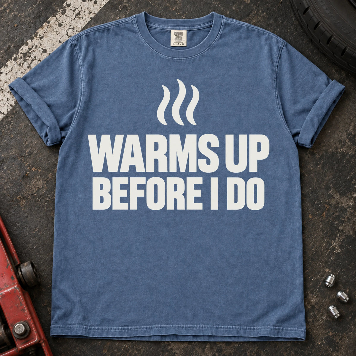 Blue Jean car enthusiast T-shirt. Heat lines admit the car warms up before its driver does.