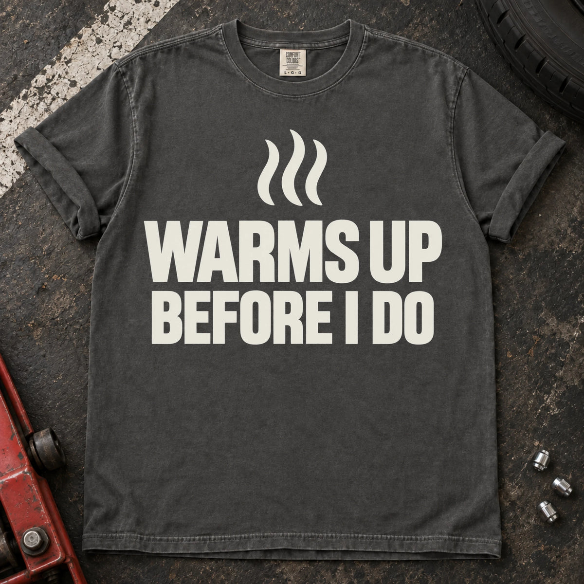 Pepper car enthusiast T-shirt. Heat lines admit the car warms up before its driver does.