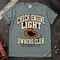 Bay car enthusiast T-shirt. A warning-light badge welcomes the Check Engine Light Owners Club.
