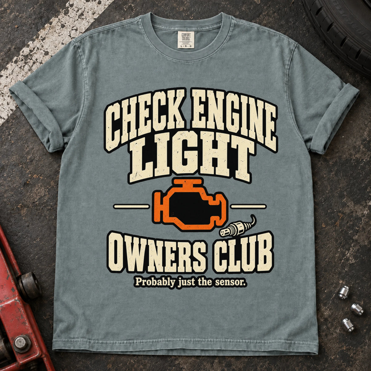 Bay car enthusiast T-shirt. A warning-light badge welcomes the Check Engine Light Owners Club.