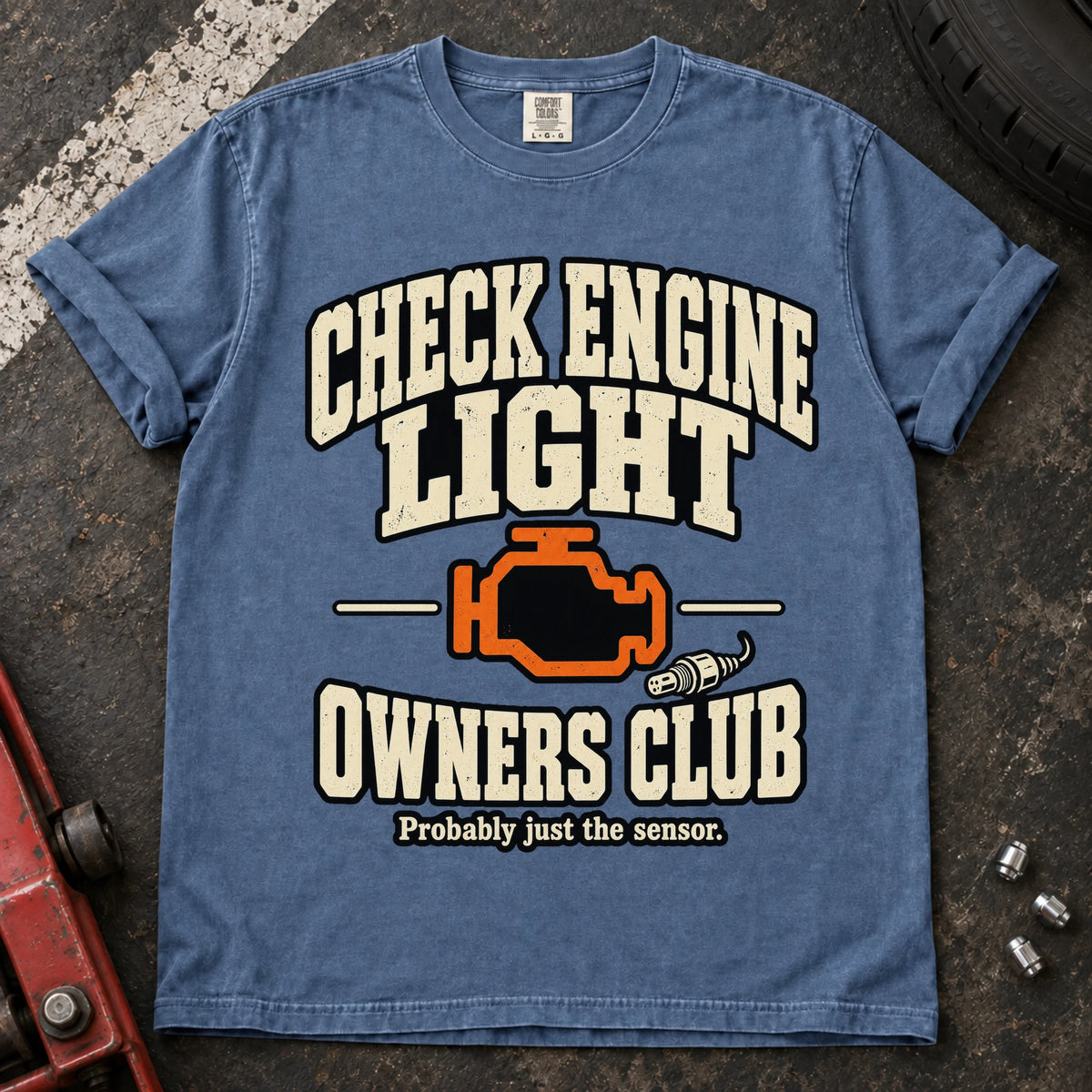 Blue Jean car enthusiast T-shirt. A warning-light badge welcomes the Check Engine Light Owners Club.