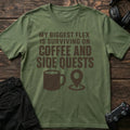 Military Green gaming T-shirt. Coffee and a quest marker make surviving on caffeine and side quests a flex.