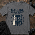 Charcoal gaming T-shirt. A necktie and headset outfit a casual Friday-night gaming session.