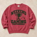 Crimson gaming sweatshirt. A trophy and gaming cable certify the weekend gaming professional.
